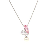 Silver Pink and White Pear Shape Heart Sapphire and Hanging Pearl Pendant With Chain